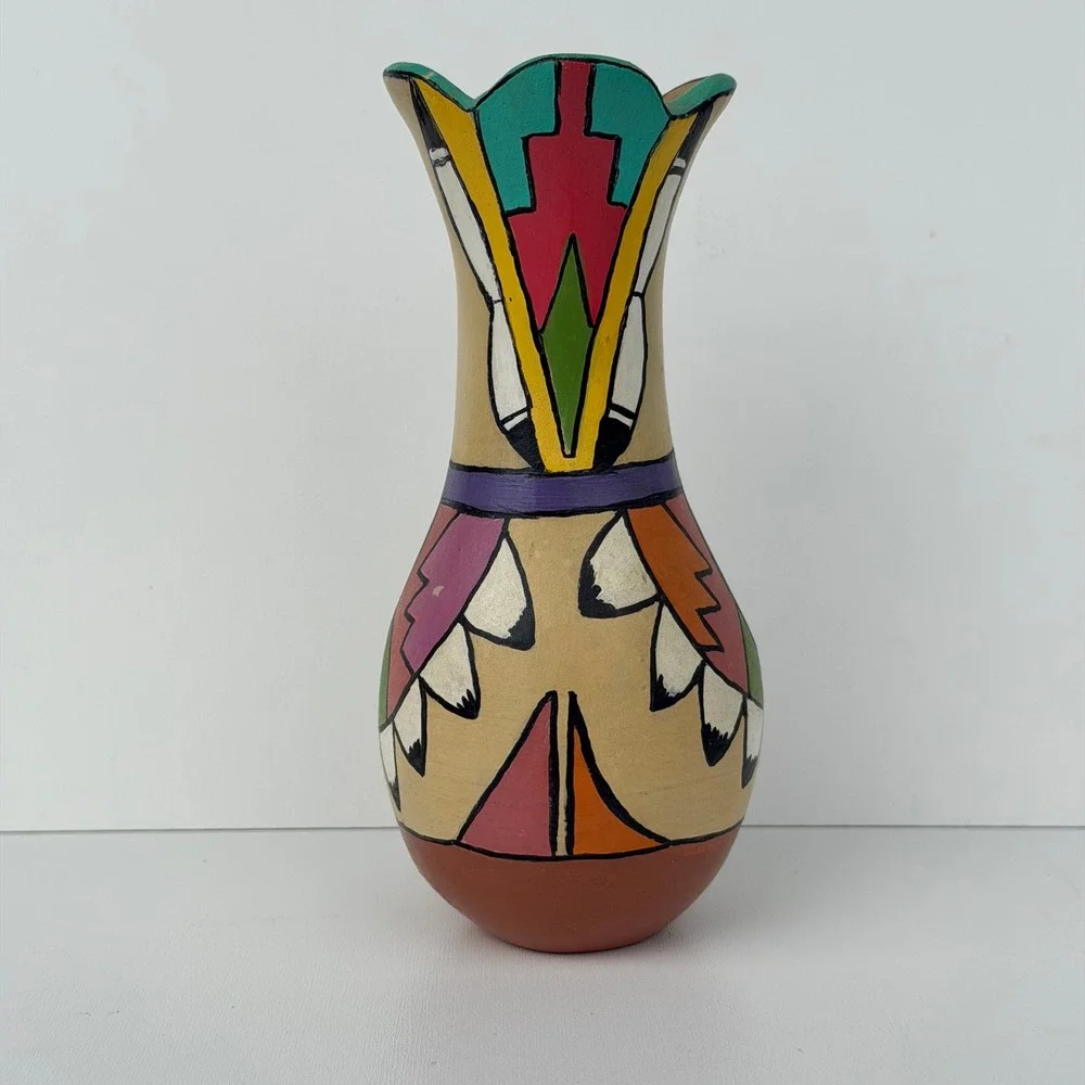 Vintage Native American Pottery Vases Handmade Vibrant‎ Colorful Jemez Folk Art